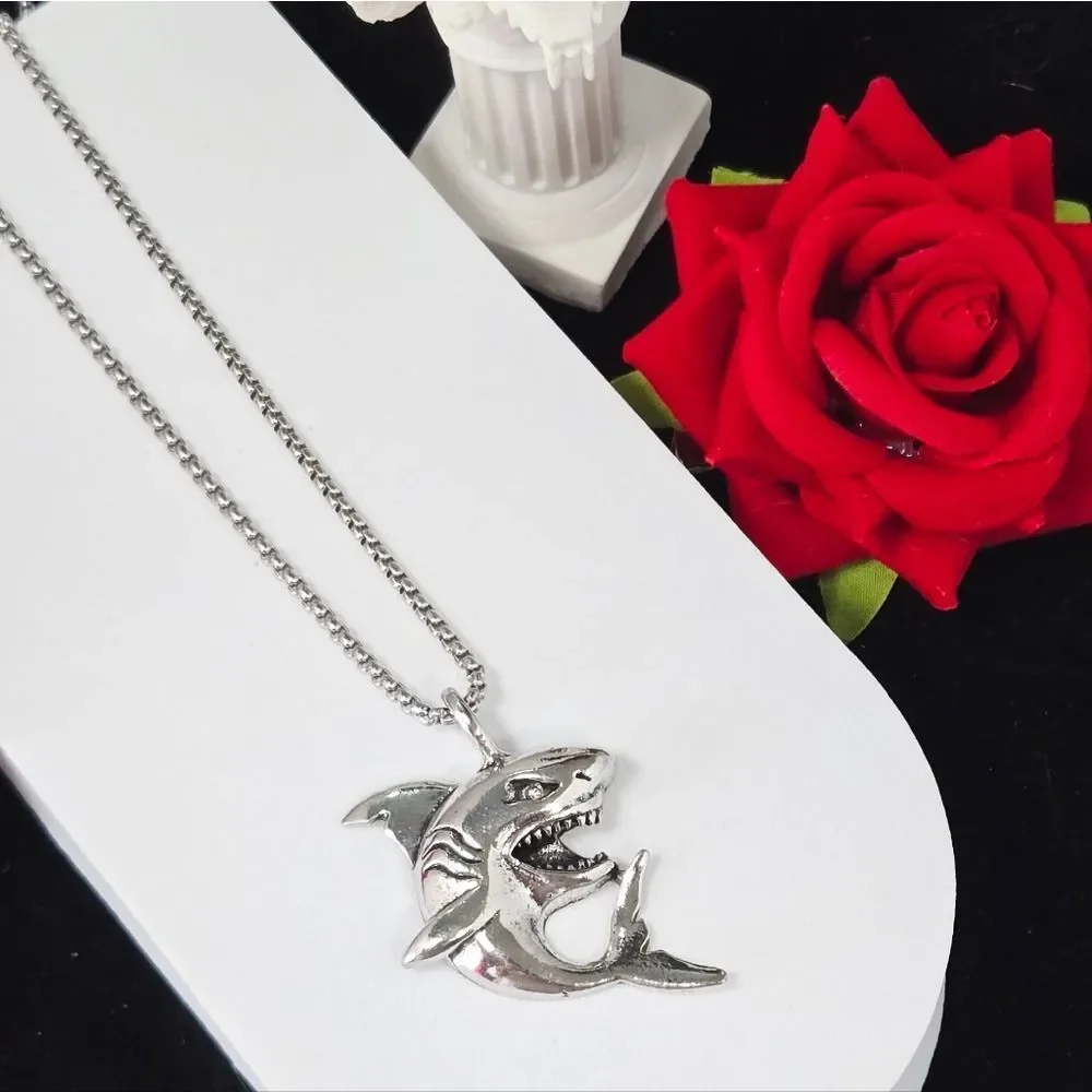Silver Shark Pendant Necklace Stainless Steel Ocean Statement Box Chain Surfer